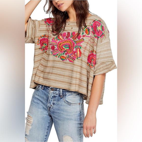 Free People Catalunya Floral Embroidered Crop Tee - Picture 1 of 7
